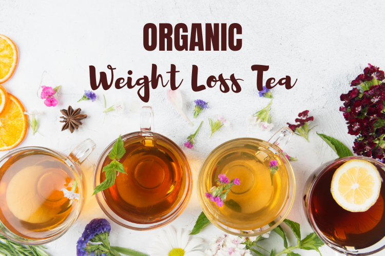 organic weight loss tea- a group of cups of tea with flowers and herbs